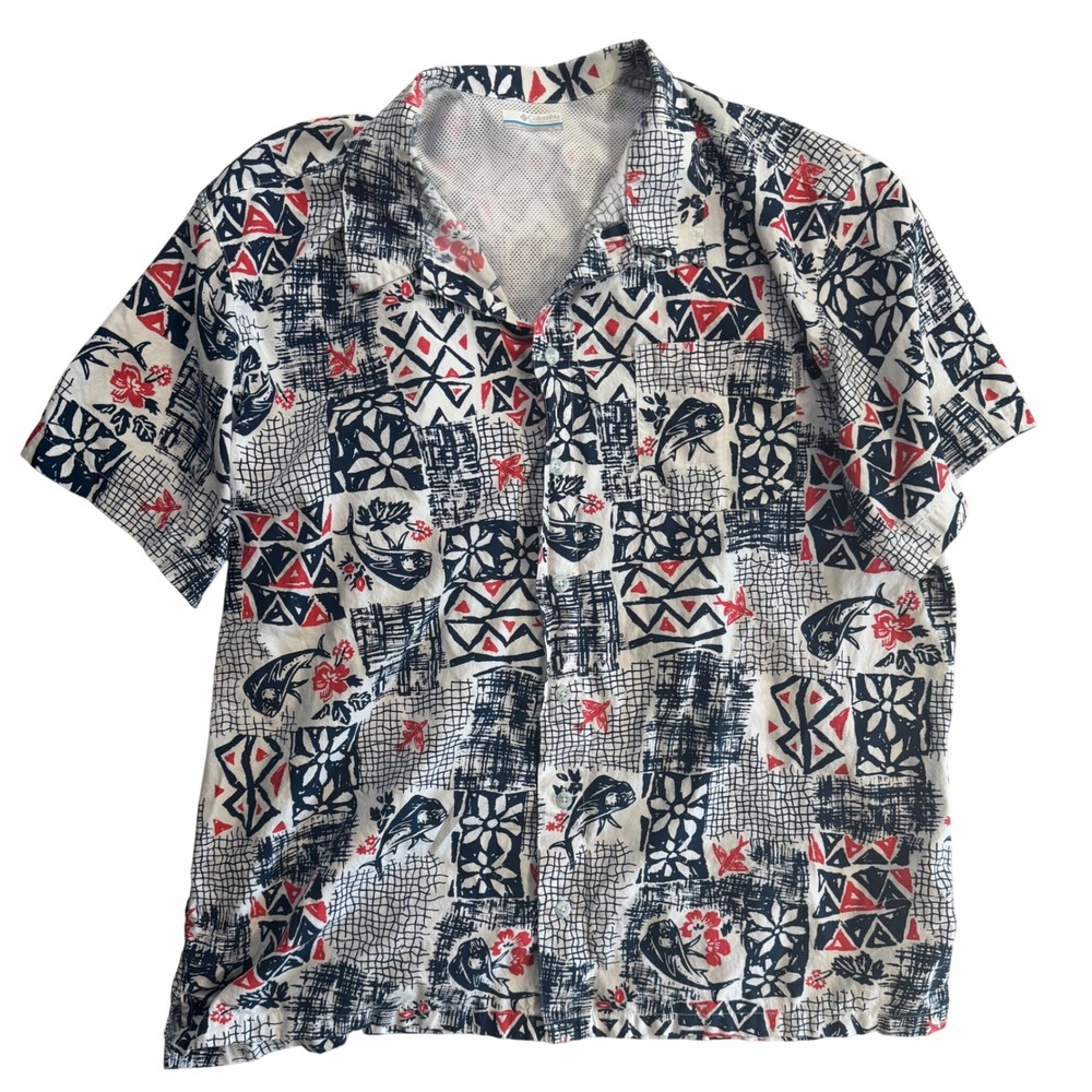 Columbia PFG Mens XL Fishing Shirt Short Sleeve Navy Red Fish Print Vented Mesh